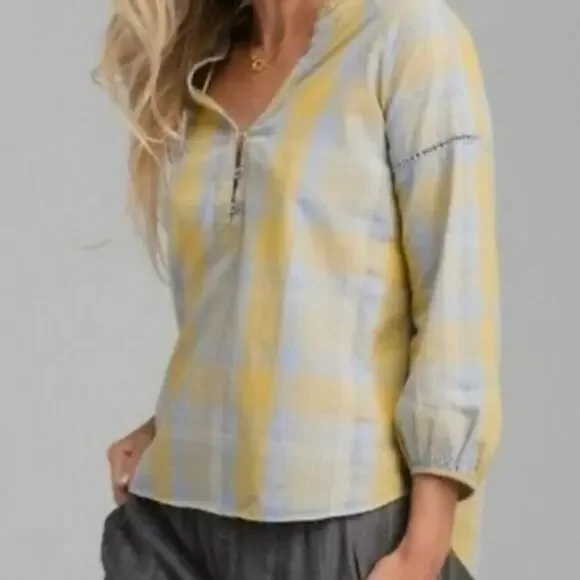 PrAna Elena popover yellow & blue plaid vneck button front shirt woman's size XL - Picture 2 of 12